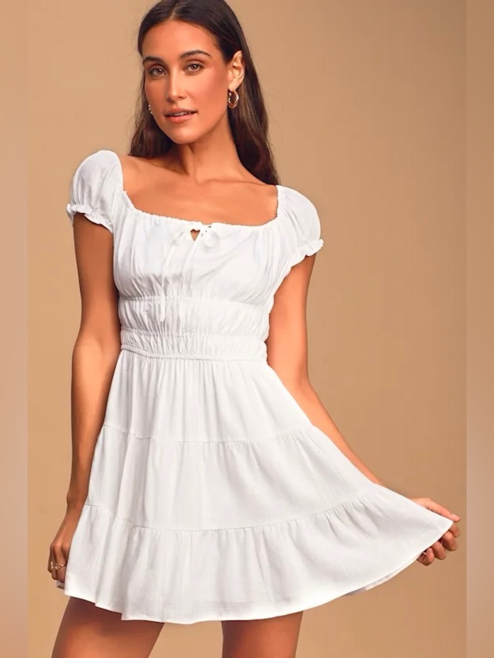 Lulus Good As New White Cap Puff Sleeve Tiered Mini Dress | XS | Like New